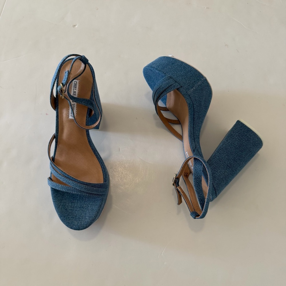 Chelsea & Violet Denim Blue Strappy Platform Heels Sandals - Picture 4 of 6